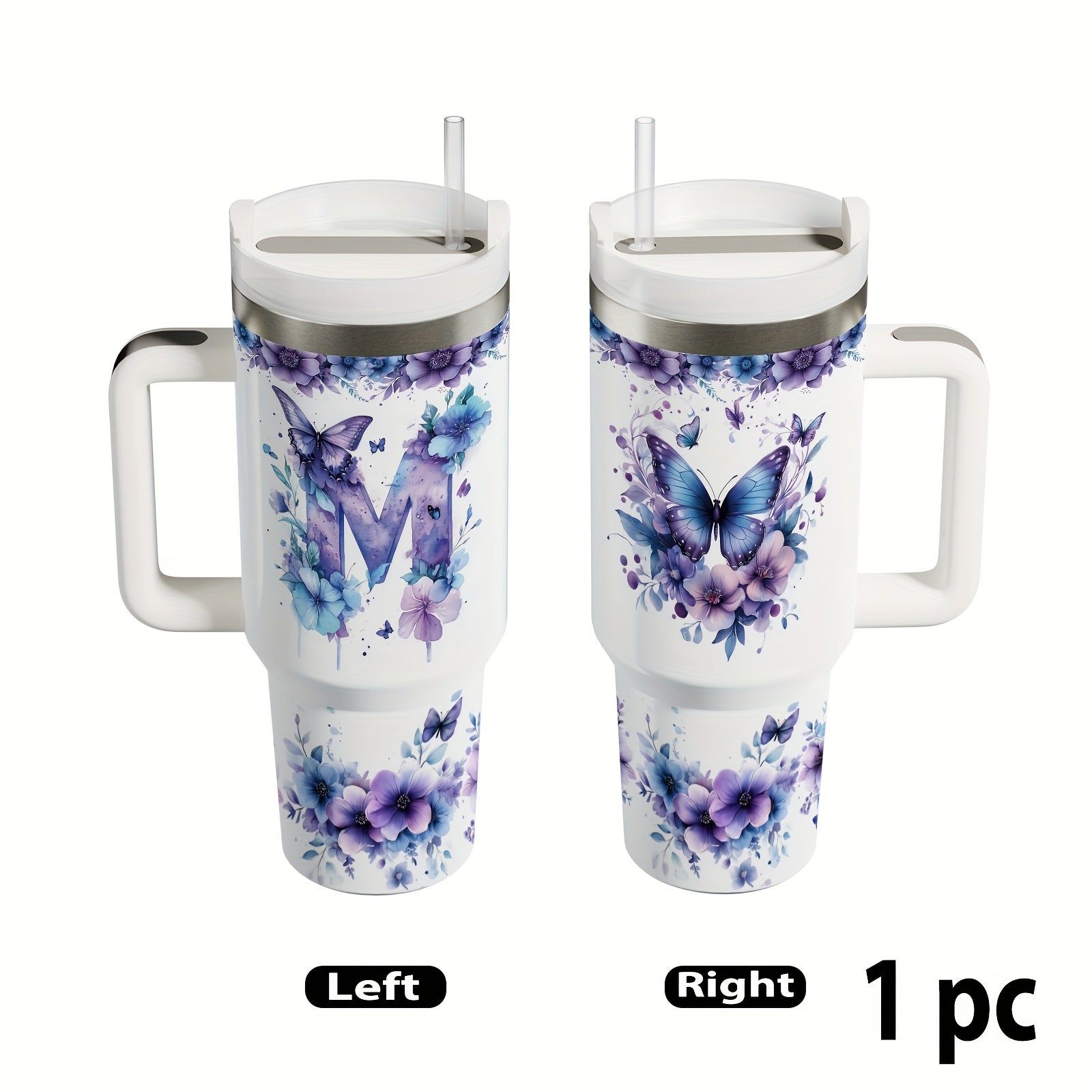 TEMU 1pc 40-16 Oz Stainless Steel Insulated Mug With Lid And Straw Handle, Purple Series Floral Letters, Reusable, Suitable For Iced Coffee, Juice,
