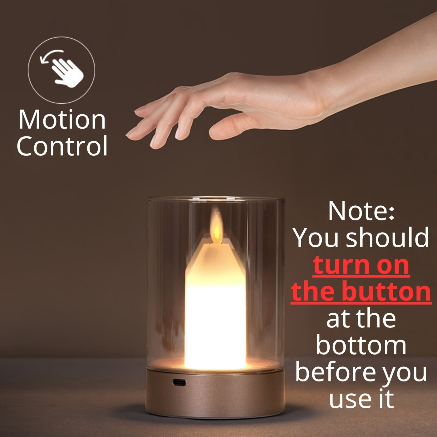 TEMU Motion Sensor Led Candle Lamp - Hand Sensing, Touchless , -powered Lighting With Glass Base - Elegant Modern Floor-desk Lamp For Home, Parties,