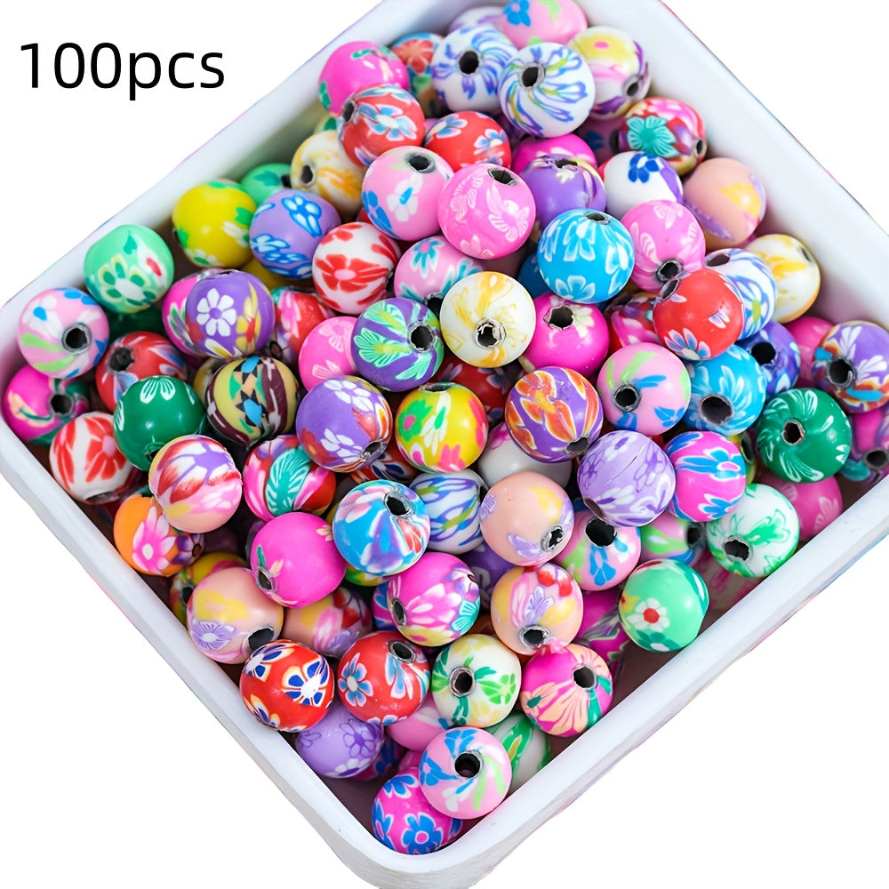 TEMU 50pcs 8mm Soft Clay Beads - Vintage Floral Pattern Multicolor Making Supplies For Bracelets, Necklaces, Keychains, Car Accessories - Creative