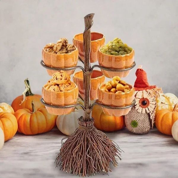 Halloween brooms pumpkins candy bowls snack food display stands tableware fruits snacks dessert party decorations 240906