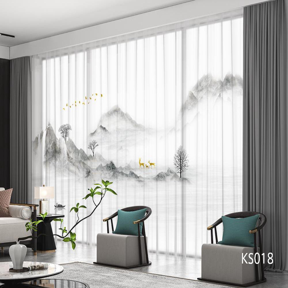 YL-36679 modern new Chinese style ink landscape painting scenery living room study high-end bedroom famous curtain Zen gauze curtain