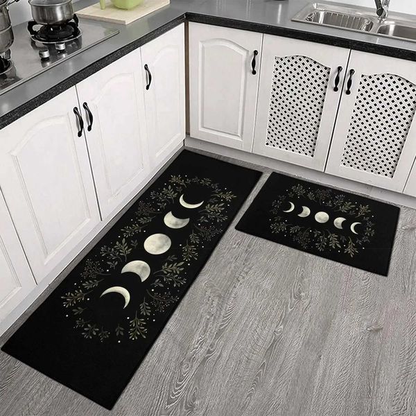 Kitchen carpet black Gothic witch moon print floor mat anti slip long carpet suitable for bedroom living room lobby home decoration W240815