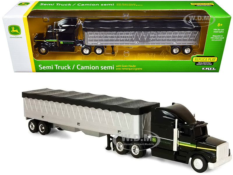 John Deere Semi Truck Tractor with Grain Trailer Black and Silver 1-64 Diecast Model by ERTL TOMY