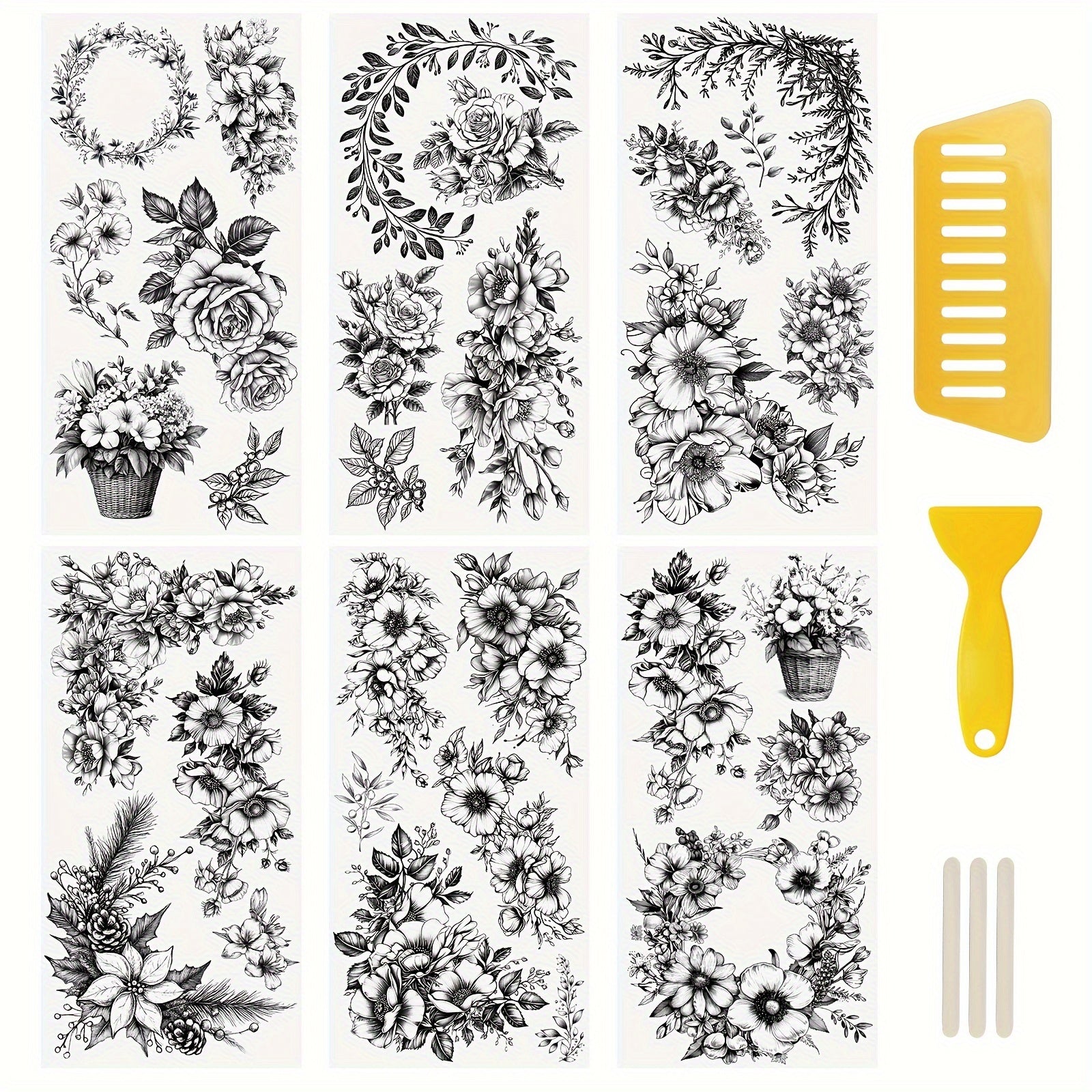 TEMU 6 Sheets Black & White Floral Rub-on Transfer Stickers - 15x30cm (5.9x11.8in) High-quality Reusable Diy Stickers For Scrapbooking, Furniture,