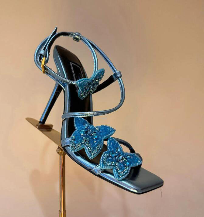Fashion Designer Summer Dua98 Lipa Women Sandals Shoes Butterfly Straps High Heels Party Wedding Dress Elegant Lady Footwear Black Blue Pink