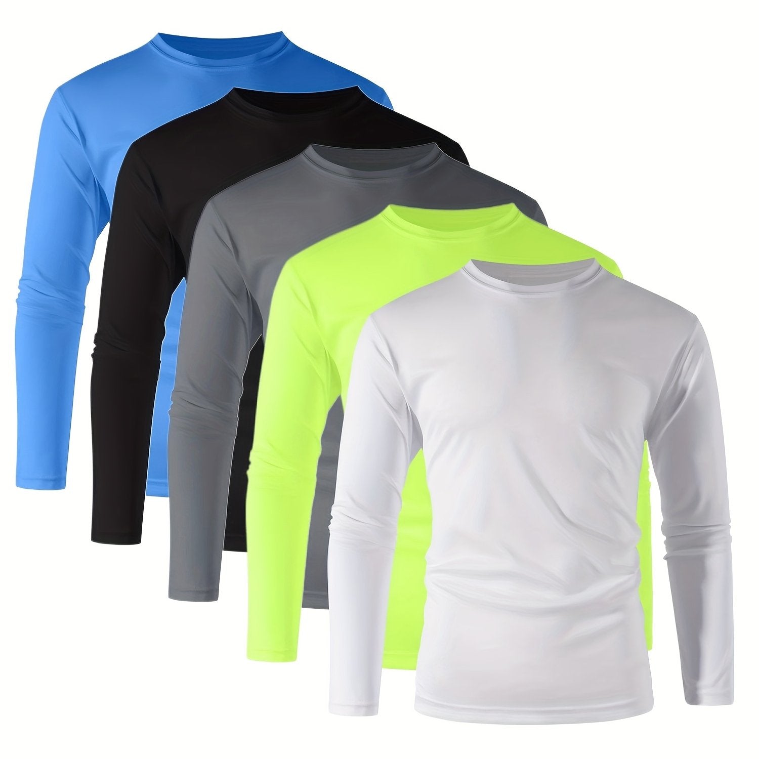 TEMU 5pcs Men's Quick-dry Athletic Long Sleeve Shirts - Moisture-wicking, Vibrant Assorted Colors (blue, Black, Gray, Green, White), Sizes S-3xl, For