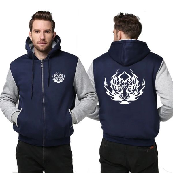Men&#039;s Winter Jacket Clothes Hooded Shirt Outerwear Coat Fleece Baseball Uniforms Thickened Printed Tiger Zipper Warm Jacket