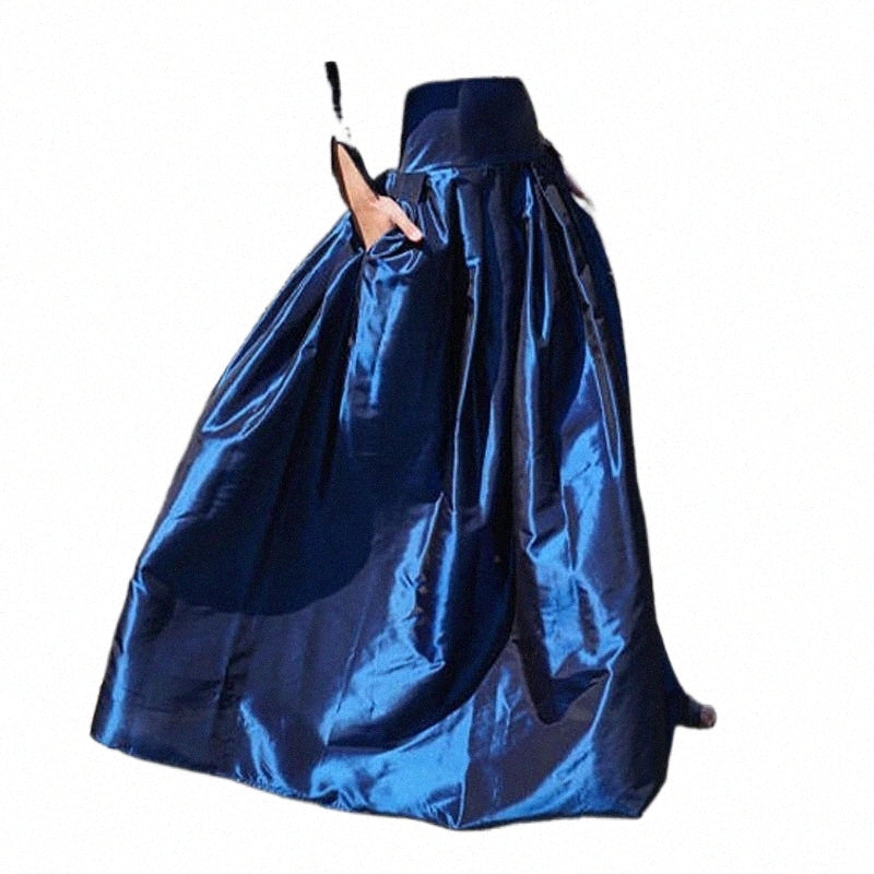 Skirts skirts England Style Taffeta Long For Women Puffy Floor Length Maxi Skirt With Pockets Wide Waist Pleated Female Saia e79C#