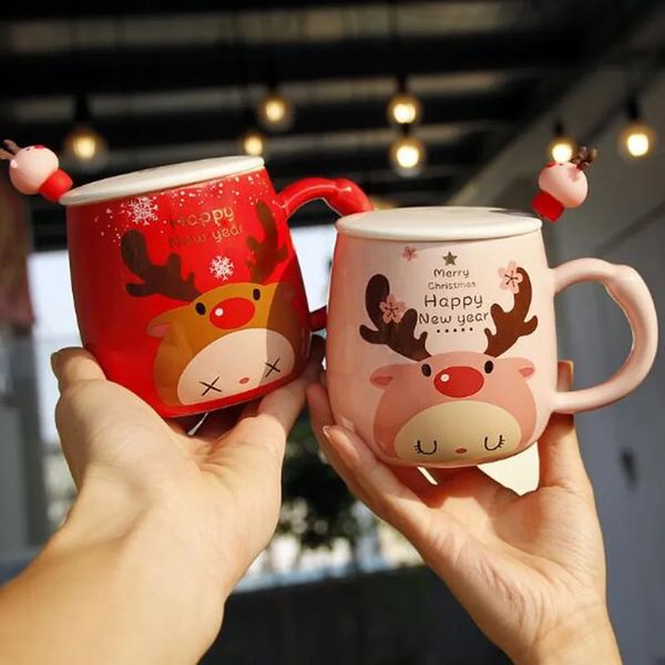 350ml Ceramic Mug Creative Coffee Cup With Lid And Spoon Tea Milk Cups Child Christmas Elk Mugs Kids Gift Red Pink Couple Cups 240830
