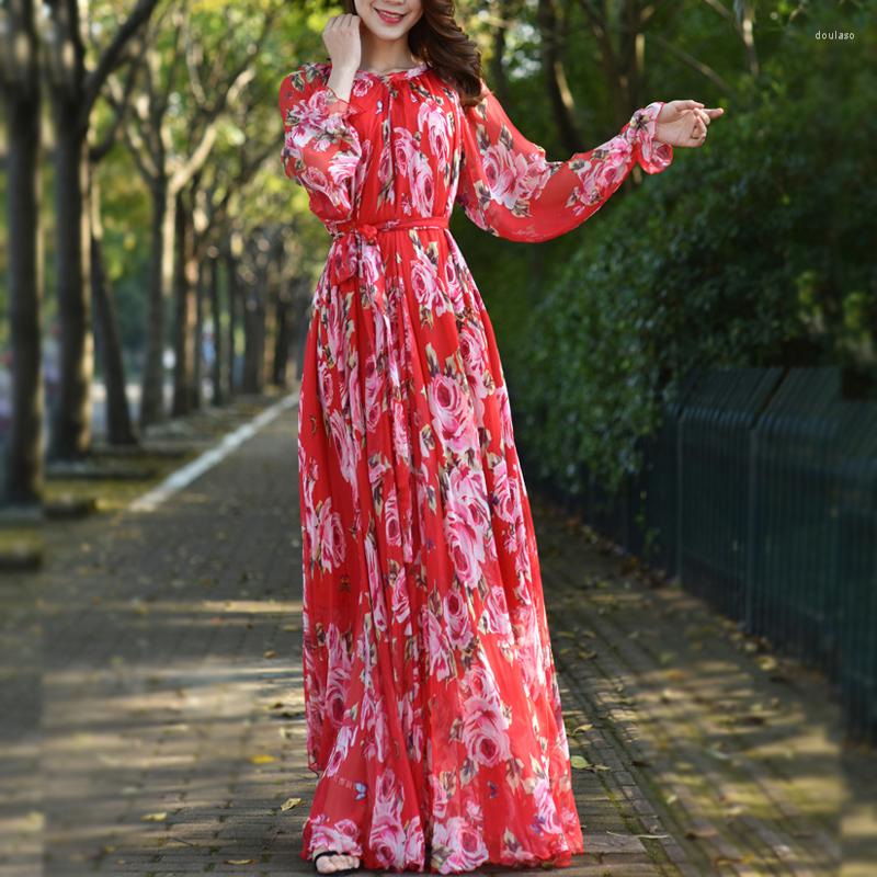 Ethnic Clothing Flowy Chiffon Long Dress Female Floral Printed Loose Fashion Abaya Islamic Muslim Maxi Dresses 2023 Saudi Arabia Dubai