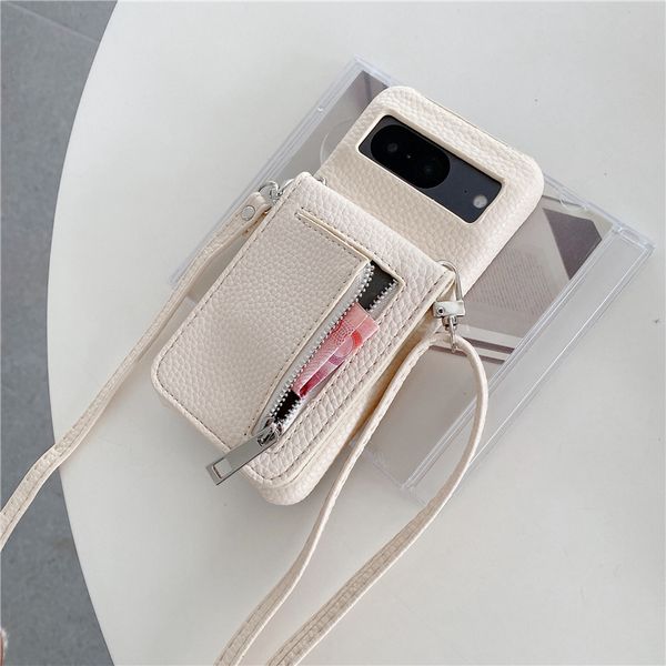 Crossbody Litchi Grain Folio Zipper Vogue Phone Case for Google Pixel 8 8Pro 8A 9 9Pro 9A 7 7Pro 7A 6 6A 6Pro Lanyard Strap Card Slot Leathe