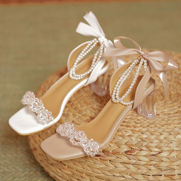 Elegant Ladies Transparent High Heel Sandals Femme Wedges Open Toe Shoes Woman Ribbon Bow Beaded Pumps Dress Wedding Bridal Shoe