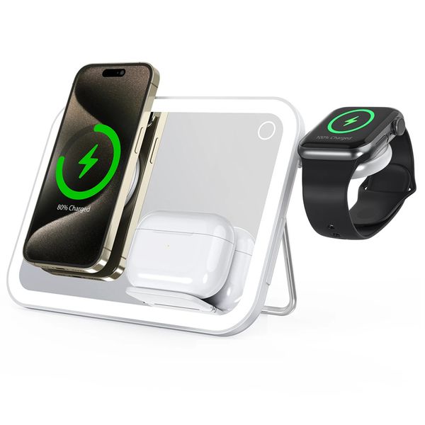 3 IN 1 Magnetic Wireless Charger LED Light Mirror Foldable Fast Charging Dock Station for iPhone 16 Apple Watch Airpods 2 Holder