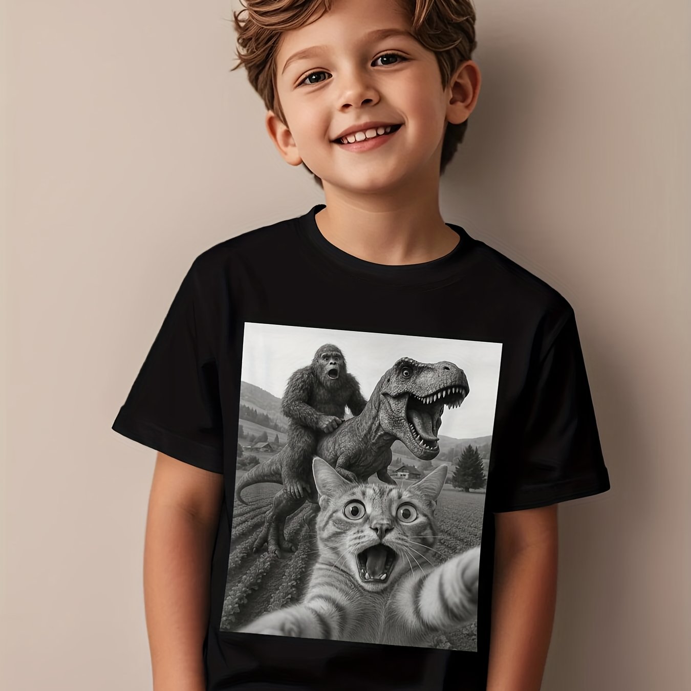 TEMU Funny Selfie With Riding Dinosaur Novelty Awesome Graphic Kid Tshirt Fashion Kid T Shirts Street Style Tees Tops For Kid