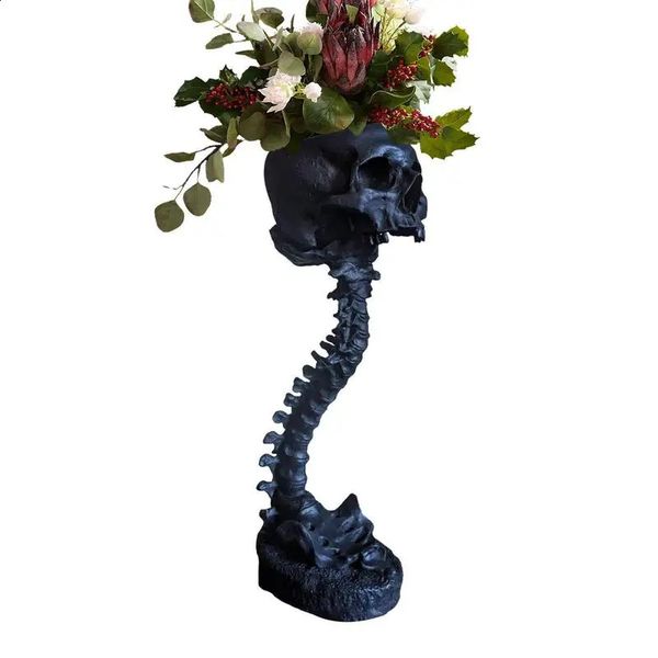 Skull Planter Spine Stand Set Goth Spooky Decor Deep Polyresin Skulls Pot Skeleton Home Scary Halloween Style 240325
