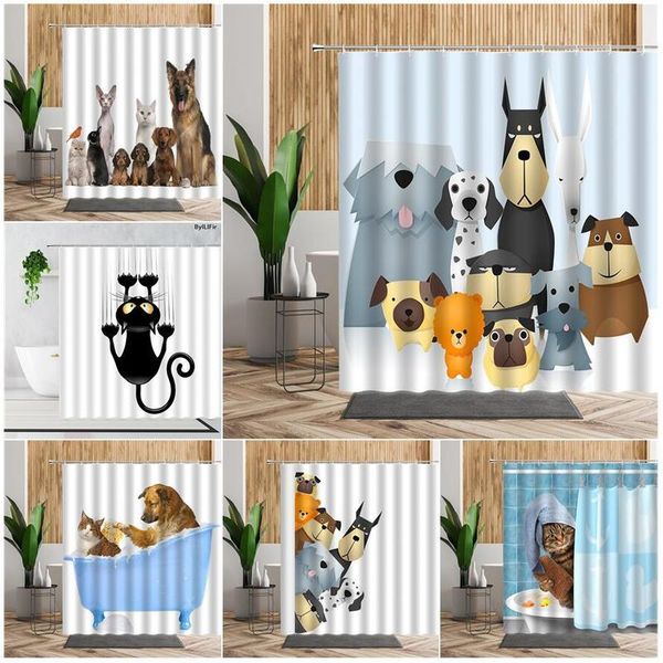 Shower Curtains Cartoon Cute Animal Curtain Set Cat Dog Anime Printed Bathroom Decor 3D Waterproof Bath Fabric Home For Children 220922