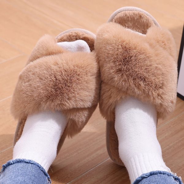 Eyriphy Slippers Women Fluffy Fuzzy Soft Bottom Shoes Cross Band Plush Home Shoes Female Anti-Slip Slides Warm Sandals 241104