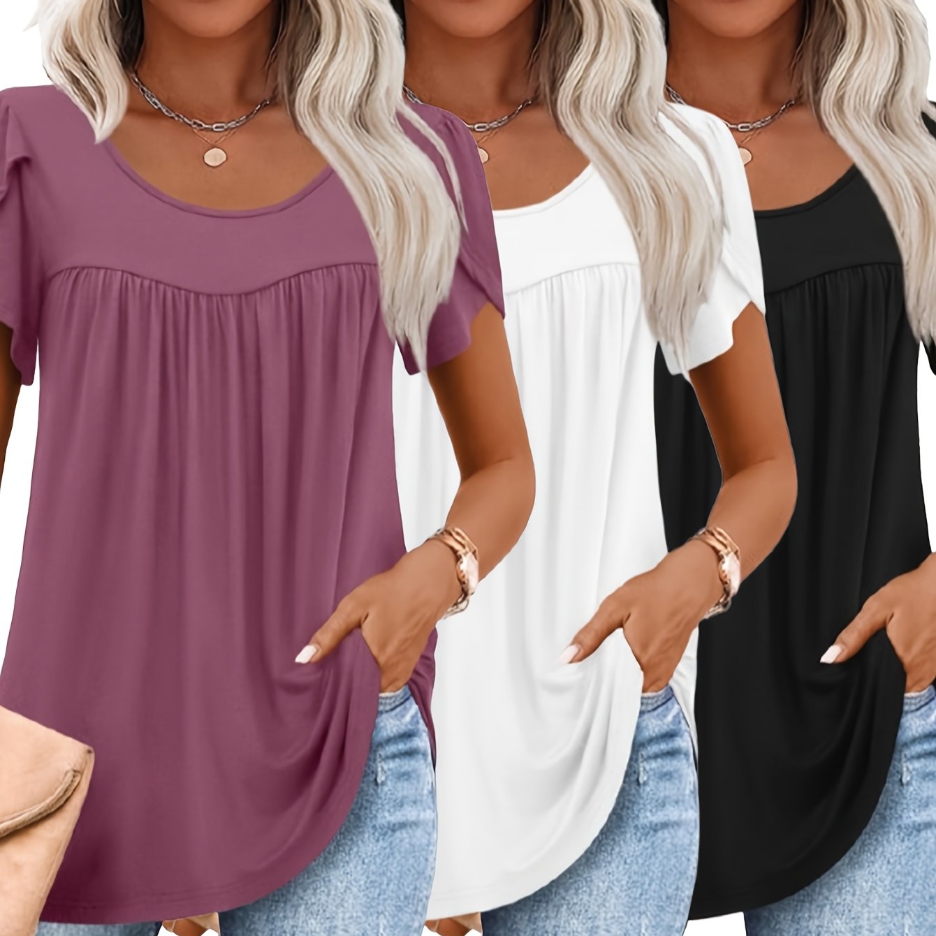 TEMU 3pcs Women's Casual Elegant Loose Fit Tops - Breathable Petal Sleeve & Pleated Short Sleeve Shirts, Round Neck Solid Color Blouses For Spring