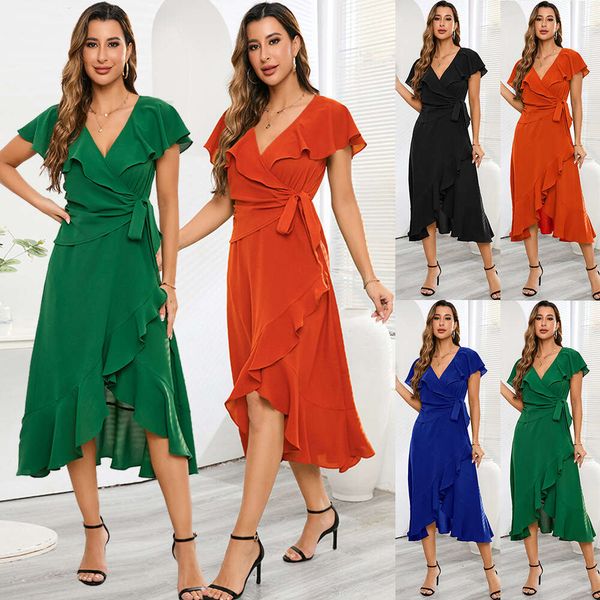 Flowering Lotus Leaf Swing V-neck Dress Slim Fit Temperament Chiffon Skirt Women&#039;s Large