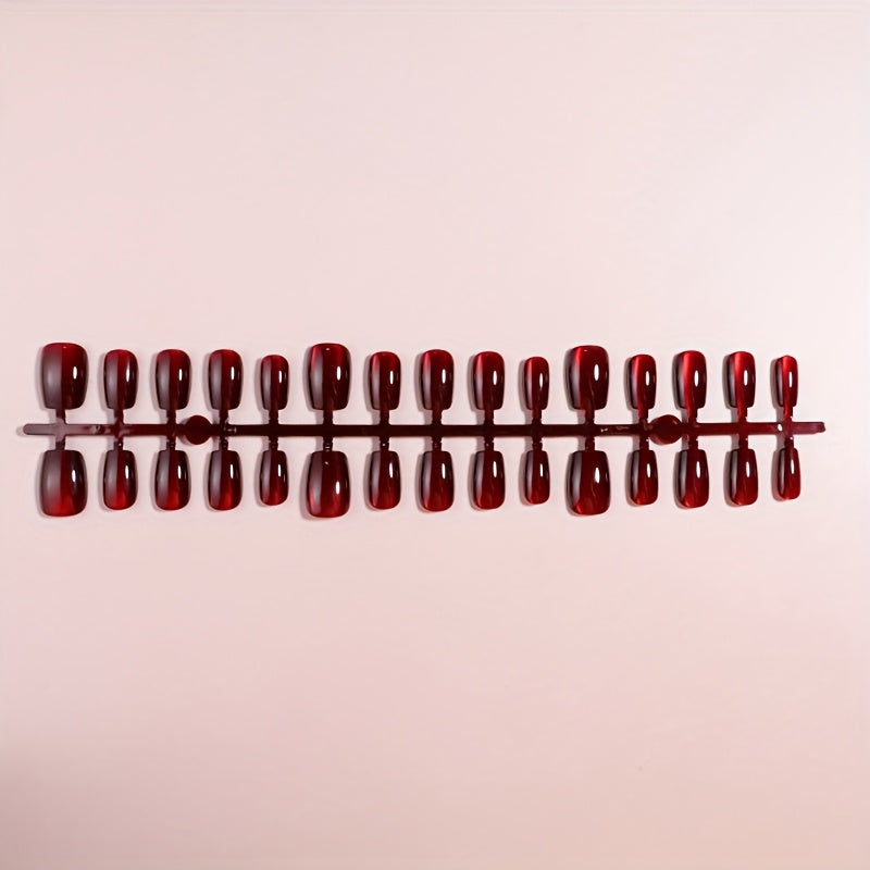 TEMU 30pcs Red Cat Eye Press-on Nails - Short Length, Square Shape, Glossy Finish, Abs Material, Perfect For & Pedicures, Easy Application, Nail Art