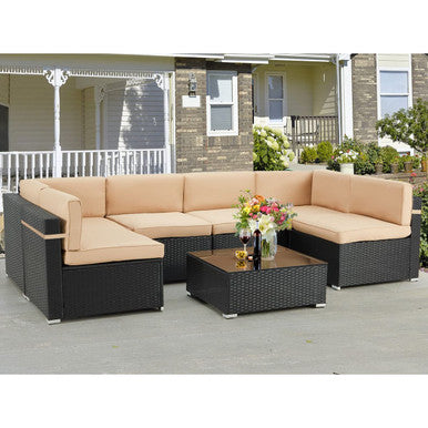 7-Piece Outdoor PE Wicker Rattan Patio Furniture Set - Gray Rattan & Navy Cushion