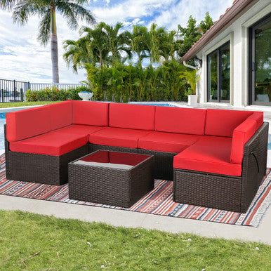 7-Piece Outdoor PE Wicker Rattan Patio Furniture Set - Gray Rattan & Navy Cushion