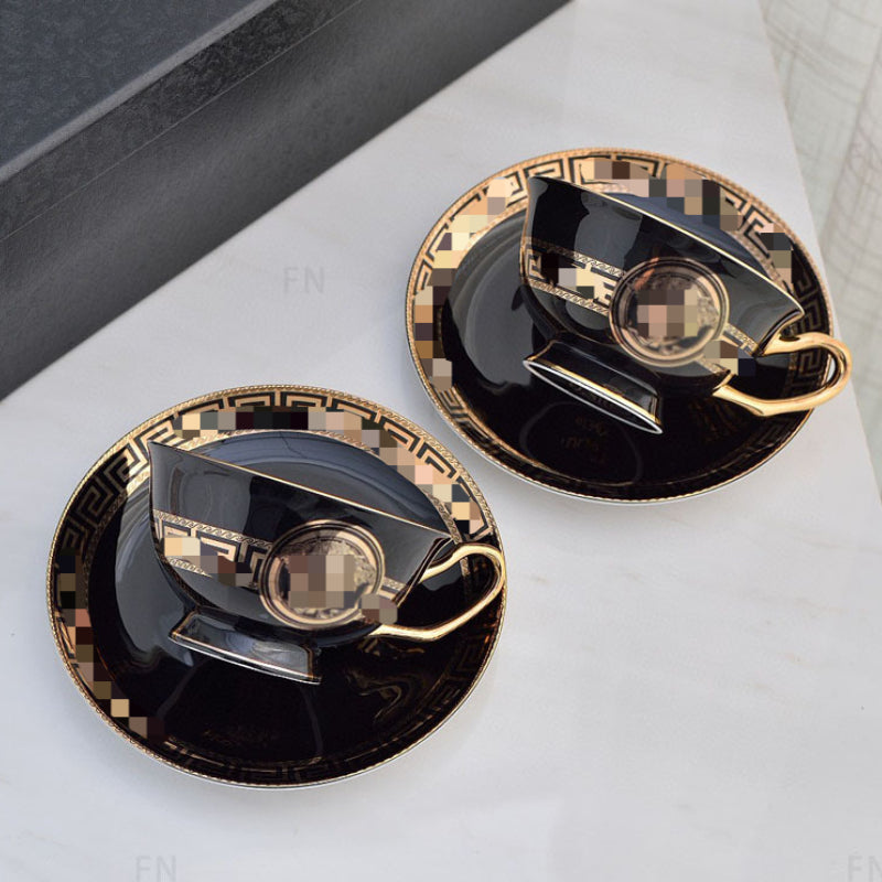 Designer Cups and Saucers Sets Bone China Coffee Cup Saucer Luxury Black Glaze Afternoon Tea Cup 4-piece Gift Box Wholesale