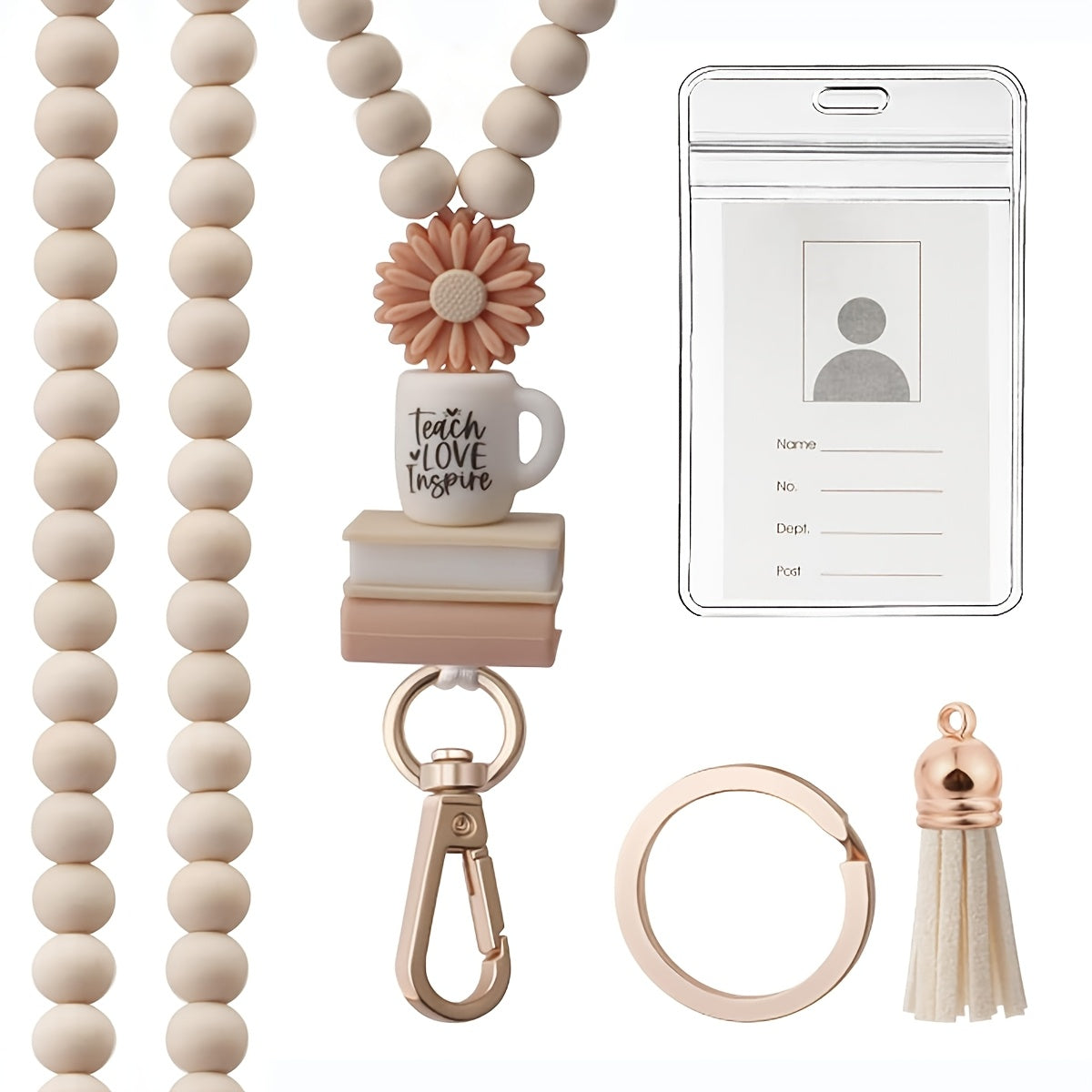 TEMU Bohemian Wooden Bead Lanyard With Id Card Holder, Detachable Keychain For Teachers And Women, Id |bohemian Style|decorative Tassel