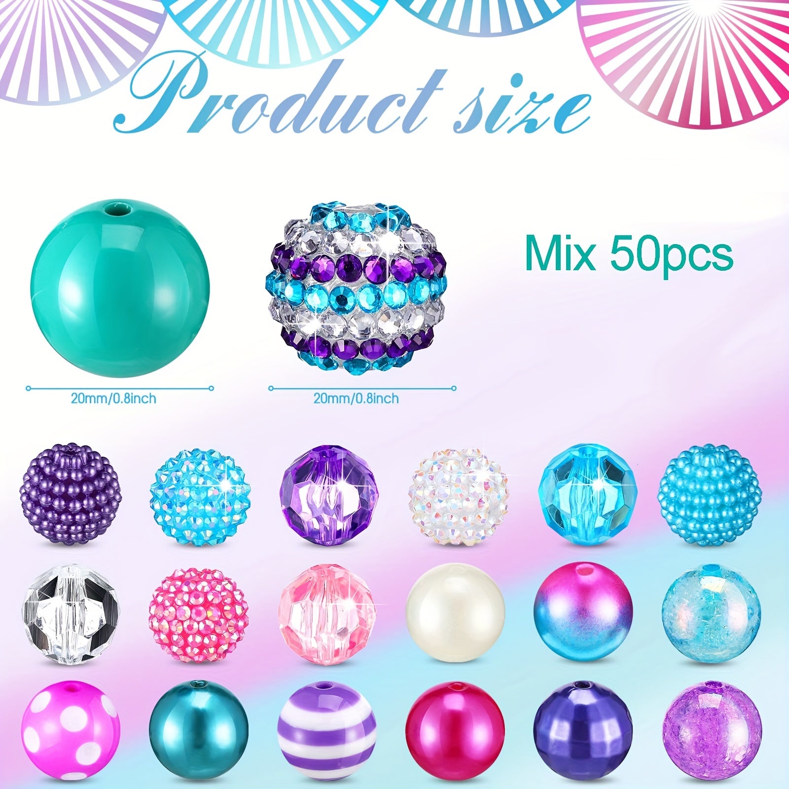 TEMU 50pcs 20mm Beads Shine Disco Ball Beads Bubblegum Beads, Chunky Beads Loose Round Spacer Beads For Jewelry Making Diy Craft Pen Bracelet