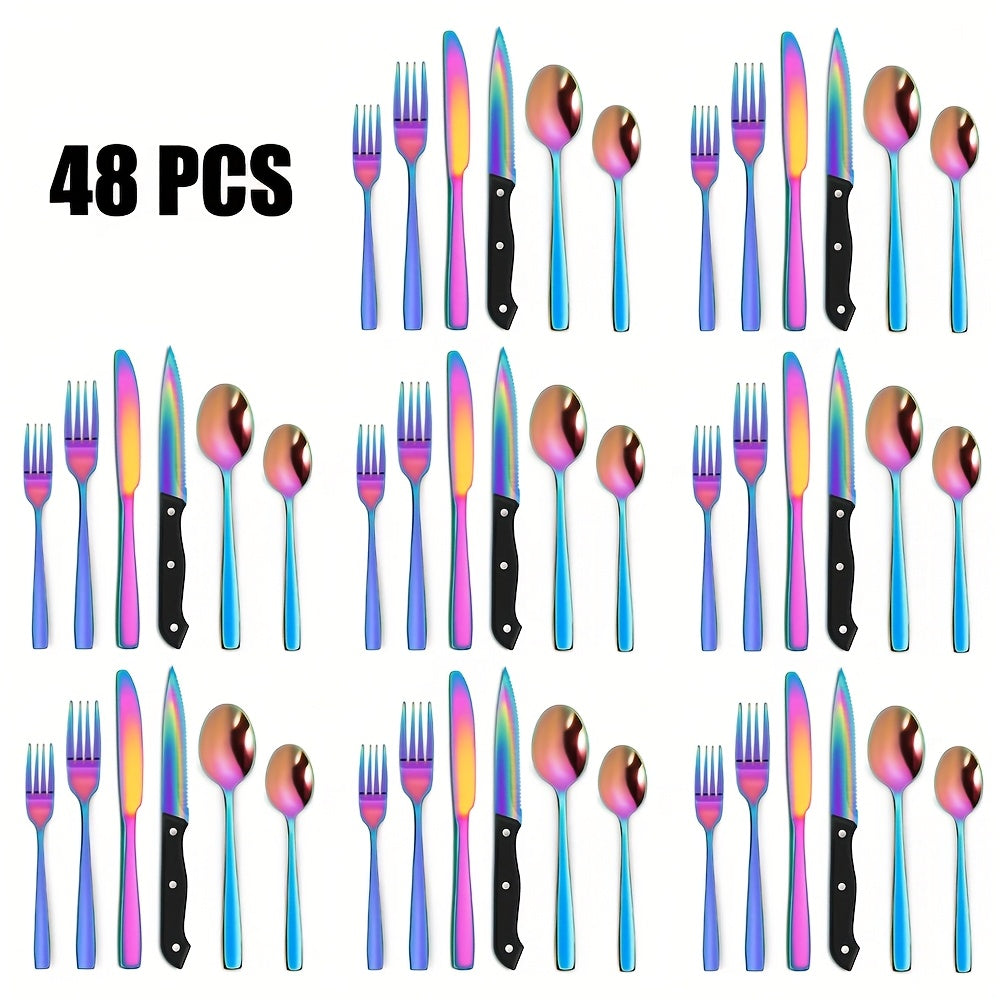 TEMU 48pcs Kitchen Stainless Steel Knife, Fork And Spoon Set, Modern Steak Knife Cutlery Set For 8, Mirror Polished, Dishwasher Safe, Suitable For