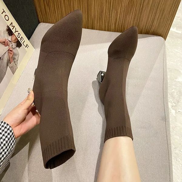 Autumn Winter Thick High Heels Fully Matched Thin Boots Womens Pointed Toe Middle Tube Elastic Socks Womens Boots 241106