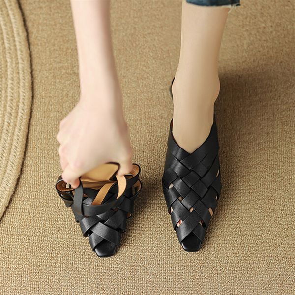 Genuine New Summer 2023 Square Toe Chunky Sandals Cow Leather Shoes for Women Low Heel Slippers 3207