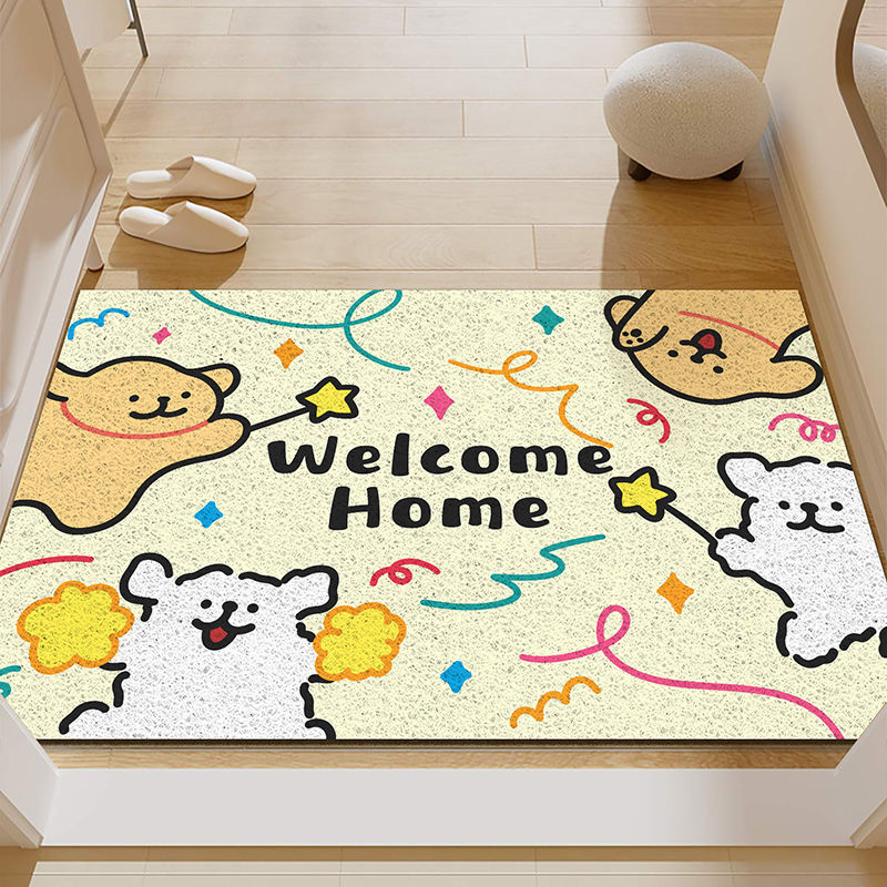 Cartoon Line Puppy Entry Door Silk Circle Floor Mat Entryway Non-slip Easy Care Foot Mat Entry Door