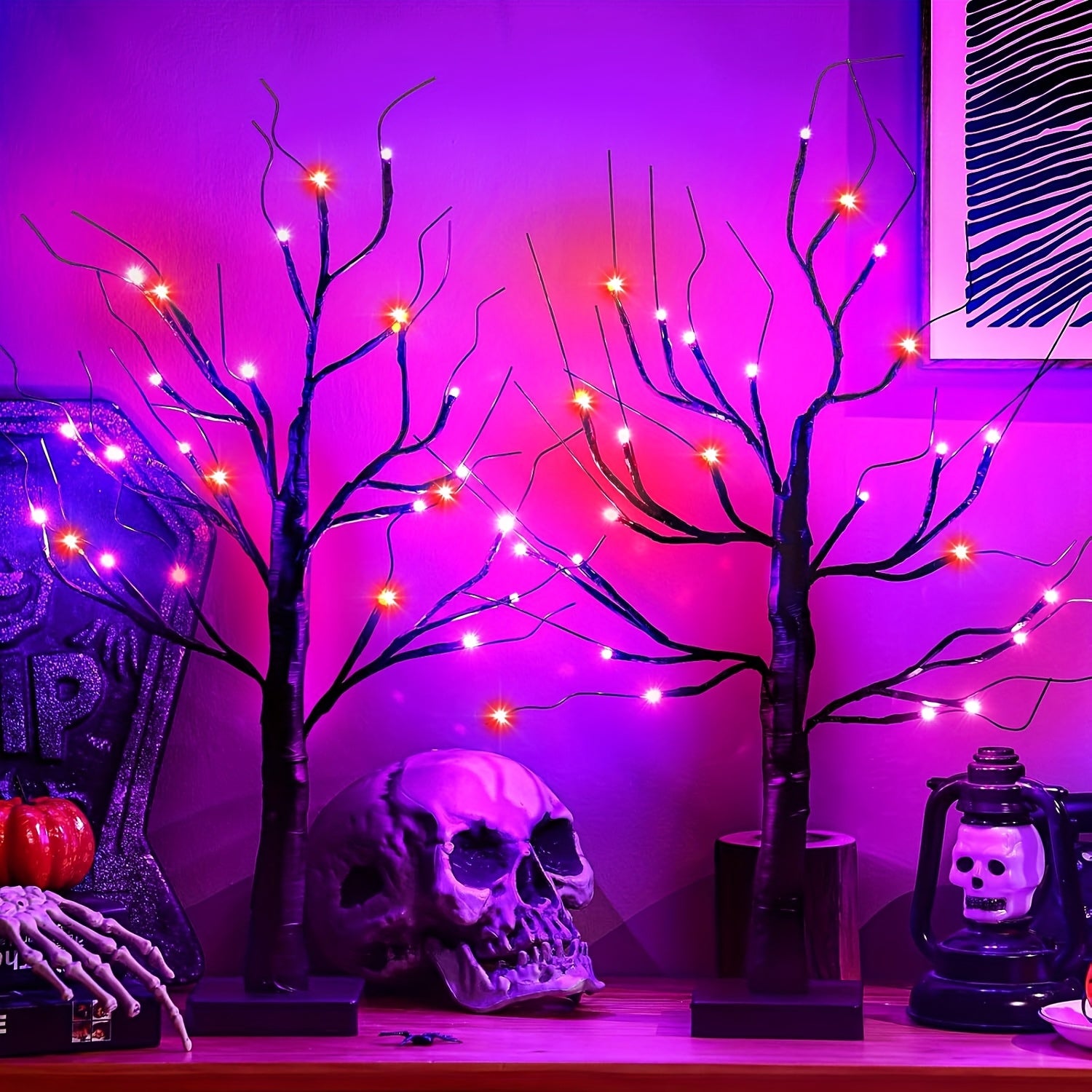 TEMU 2 Pack 24 Inch Halloween Black Trees, With 48 Led Orange And Purple Lights, Usb And Battery-powered Tabletop Timer, Suitable For Indoor Family