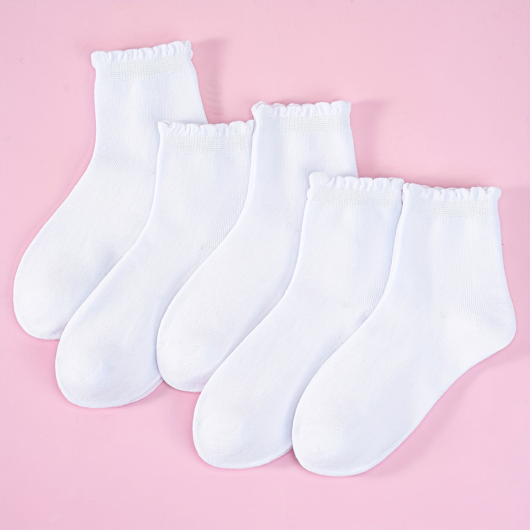 TEMU 5 Pairs Of Girls' Thin Solid Color Lace Socks With Twisted Stripes And Bubble Cuffs For Simple Casual Wear