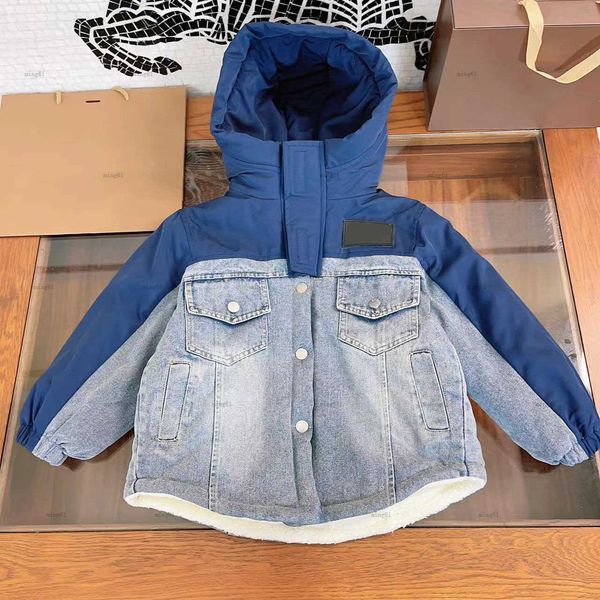 Brand baby designer jacket toddler Hooded coat Size 120-160 Denim splicing design kids clothes winter child Outerwear