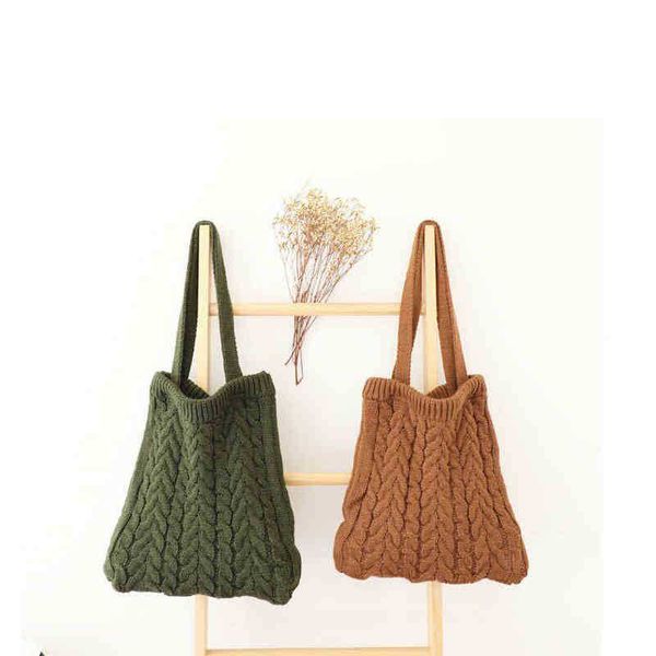 Shopping Bags Autumn and Winter Korean Version of Wenyi Sen Series Wool Tote Bag Knitting Handbag Simple Casual One Shoulder Women&#039;s Ba