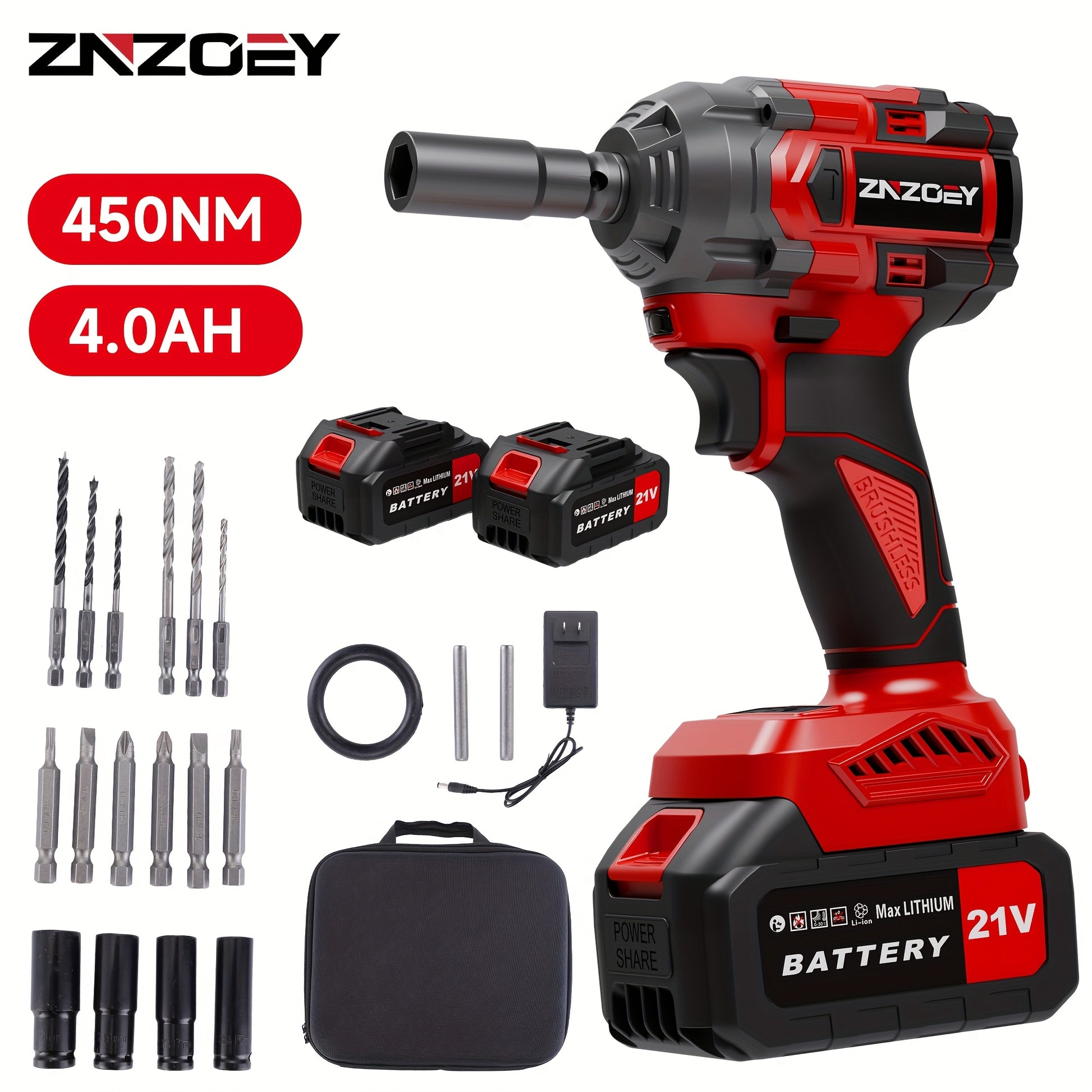 TEMU 1-2 Inch Large Torque 450nm Automotive Repair Tool Set Includes Dual 4ah Battery + + Socket + Drill Bit + Screwdriver Set With Led Lighting &