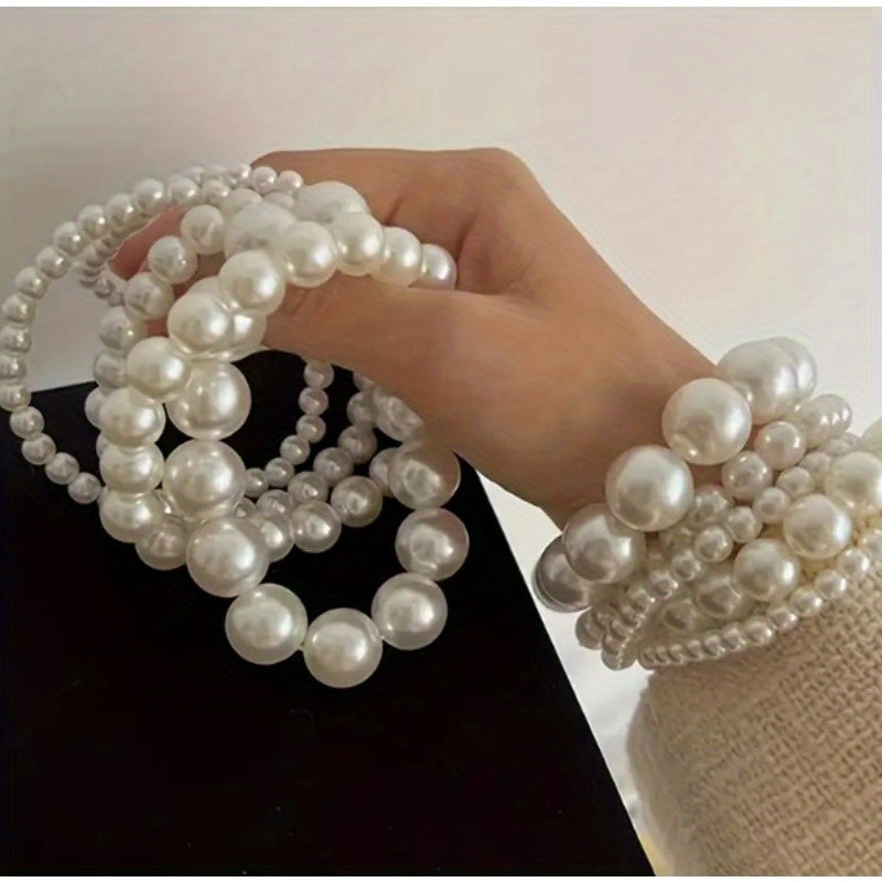 TEMU 5pcs French Minimalist Pearl Stretch Bracelets - Adjustable With 6-8-10-12-14mm White Pearl For Women, Casual Attire, Weddings, Valentine’s Day