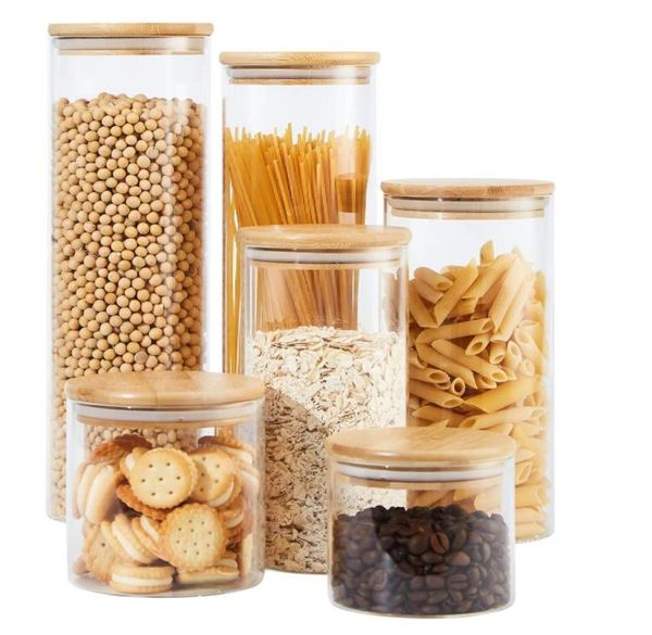Wood Lid Glass Airtight Canister Kitchen Cereal Dispenser Storage Box Food Canister Keep Fresh Clear Container Jars Orgnizer