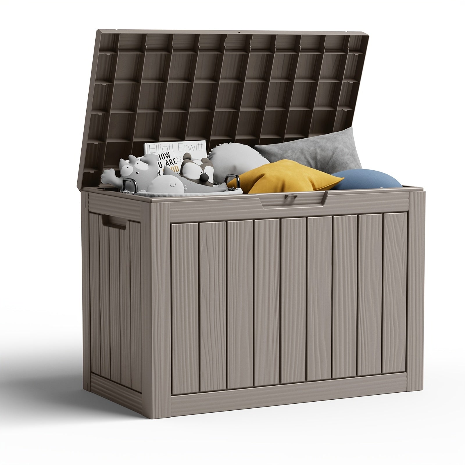 TEMU 46 Gallon Deck Box Wood Grain Outdoor Storage Box, Weatherproof And Uv Resistant, Resin Package & Storage With Lockable Lid For Furniture