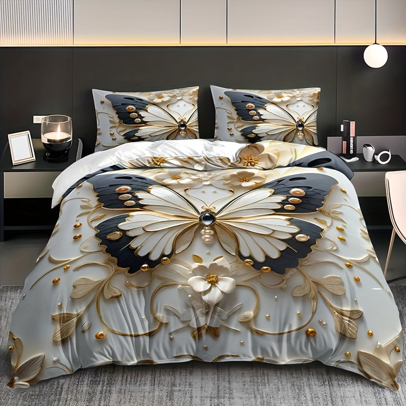 TEMU 3pcs Golden Stroke Black White Flower Duvet Cover Set (1 Duvet 2 Pillowcases Without Pillow Core), Bedroom Domitory High Definition Digital