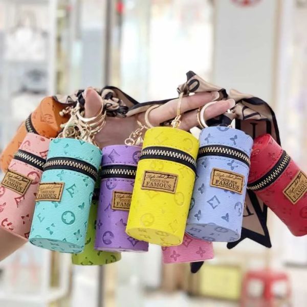 Mini Lipstick bag pocket PU Leather Keychain Bucket Keyring women girls Purse bags Pendant Chain Charm old Flower Mini Bag wallet BJ