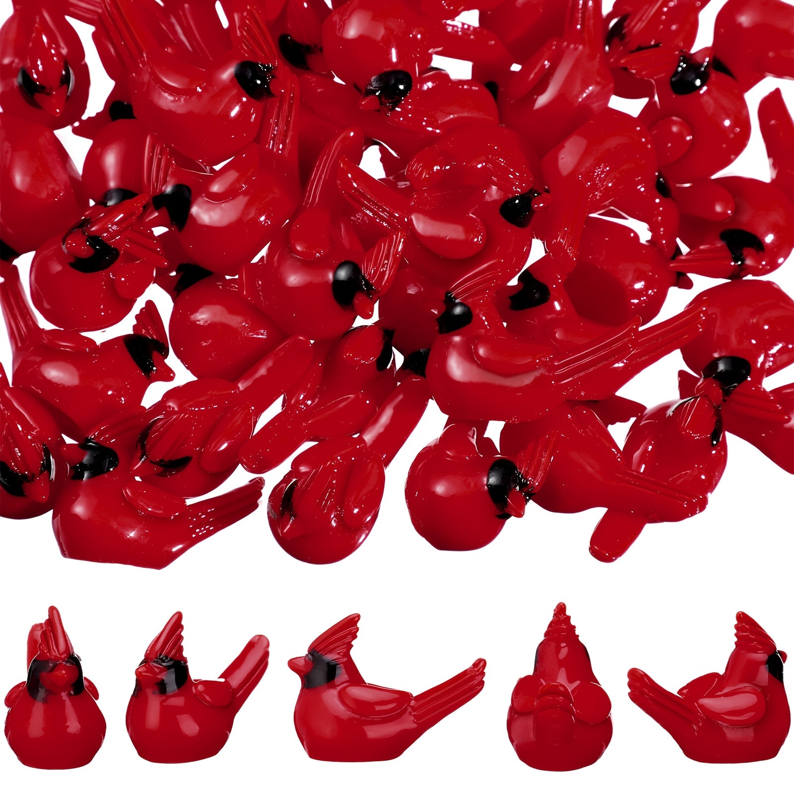TEMU 50pcs Mini Resin Red Bird Figurines - Glossy Christmas Ornaments With Black Accents, Tiny Indoor-outdoor Decor For Tree, Garden, Crafts, Cake