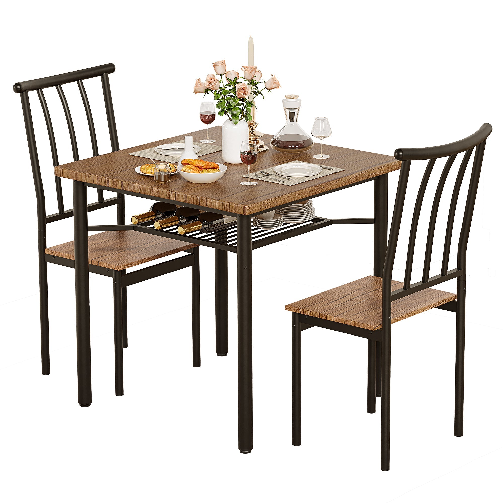 Garvee Dining Table Set for 2 , Kitchen Table and Chairs Kit with Wine Rack, 3 Piece Metal and Wood Square Dining Room Table Set for Small Space, Apar