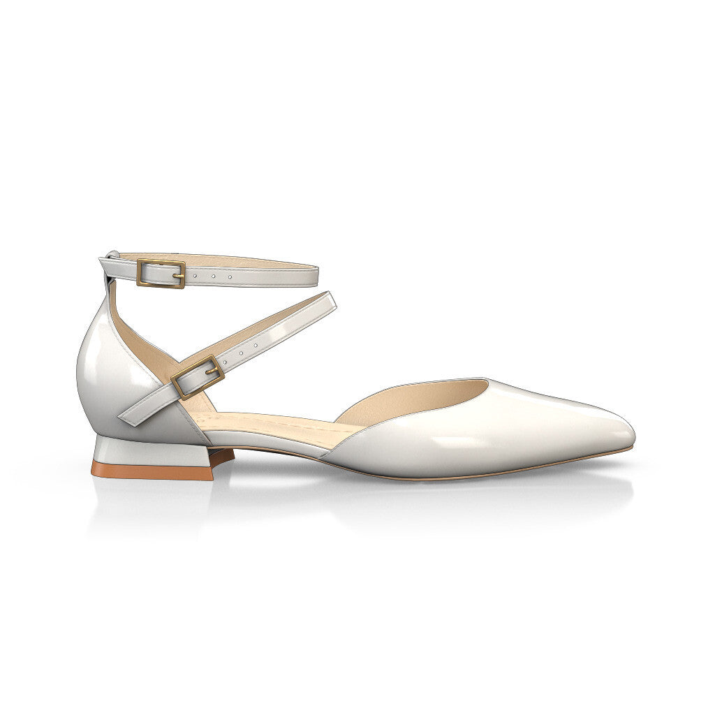 Chausssures plates pointues avec brides Femme Faites main en Italie en Cuir verni Blanc - Sur Mesure, Petit, Brides, Boucle - GIROTTI