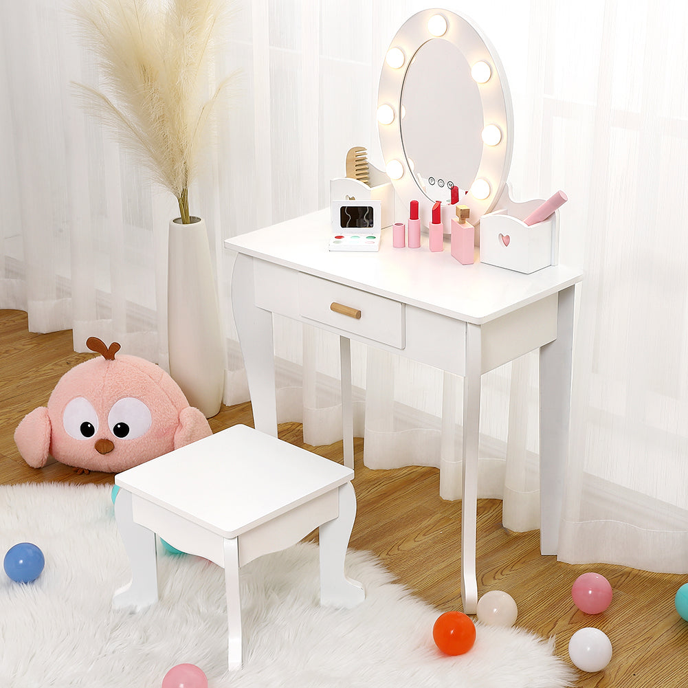 Garvee Kids' Vanity Table and Chair Set with Mirror, Cirls' Makeup Dressing Table with Touch Lights & Wood Makeup Playset, Pretend Play, Princess Vani