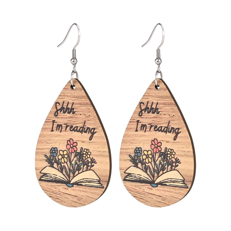 TEMU Wood Book & Bookend Charm Dangle Earrings - Lightweight Wood Grain Book Page & Bookmark Charms With "shhh... I'm Reading" Text - For Women,,