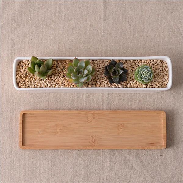 Planters Pots Modern Simple White Ceramic Succulents Plants Planter With BambooTray Green Plant Pots Desktop Decor Bonsai Landscape Flowerpo