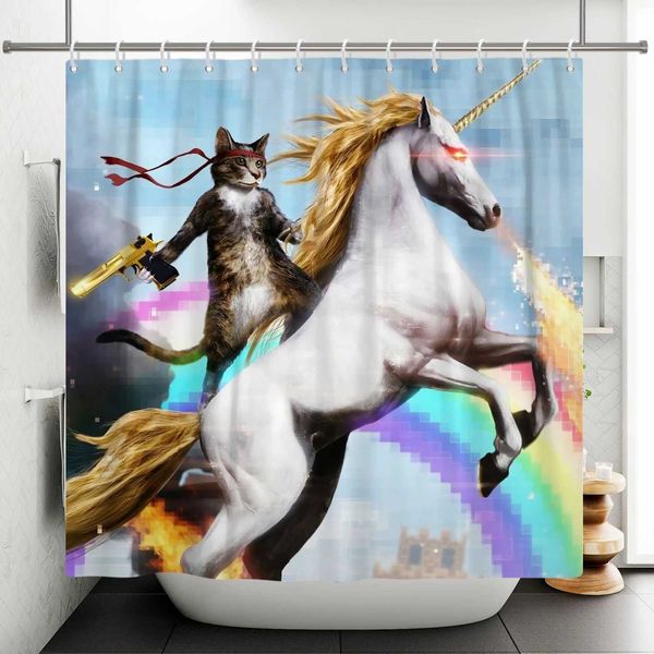 Hero Big white unicorn with gun cat fun shower curtain for bathroom decoration waterproof 3D printing bathroom curtain with hooks W240808